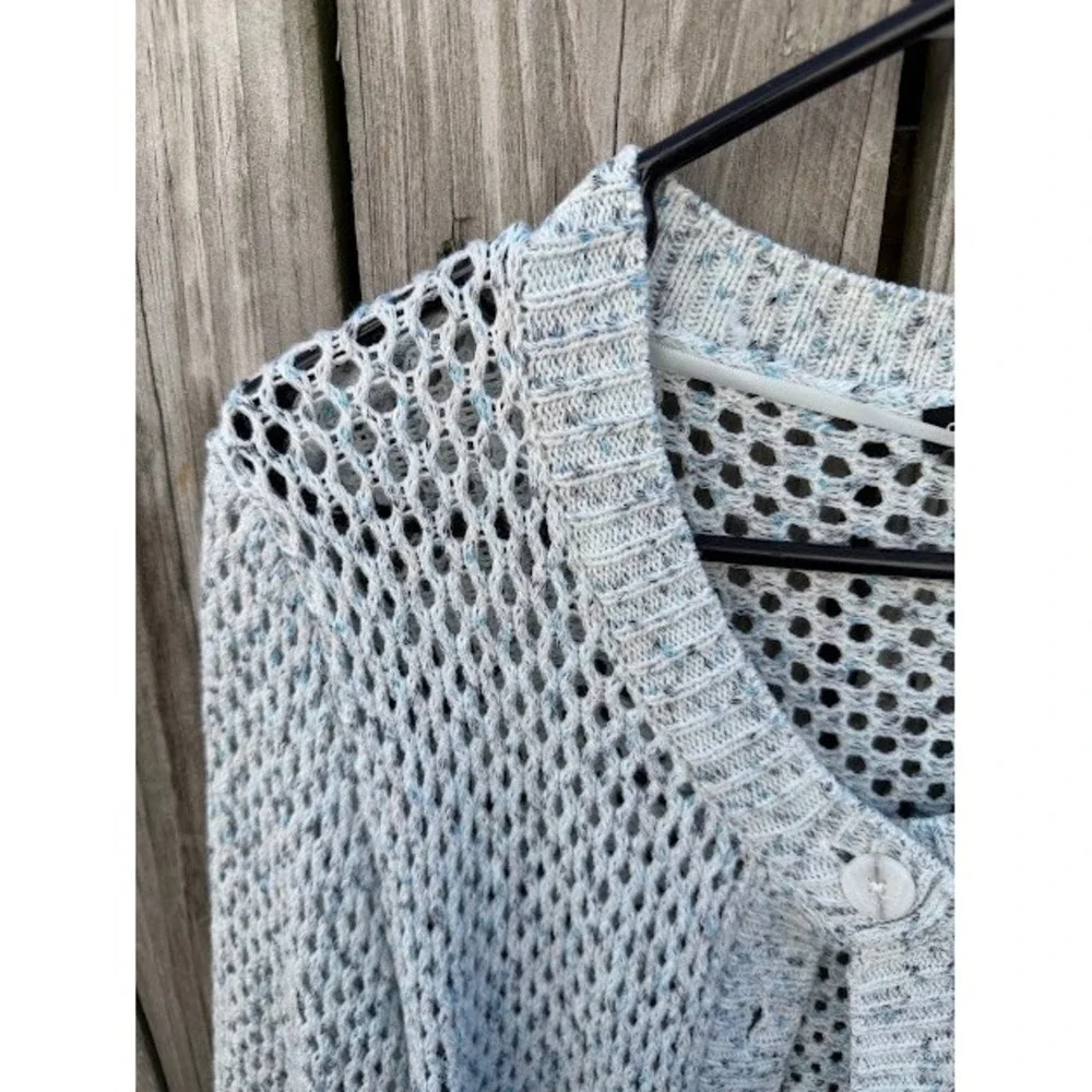 Boho Crochet Open Knit Cable & Gauge Cardigan XL Blue White Marled Mesh Sweater